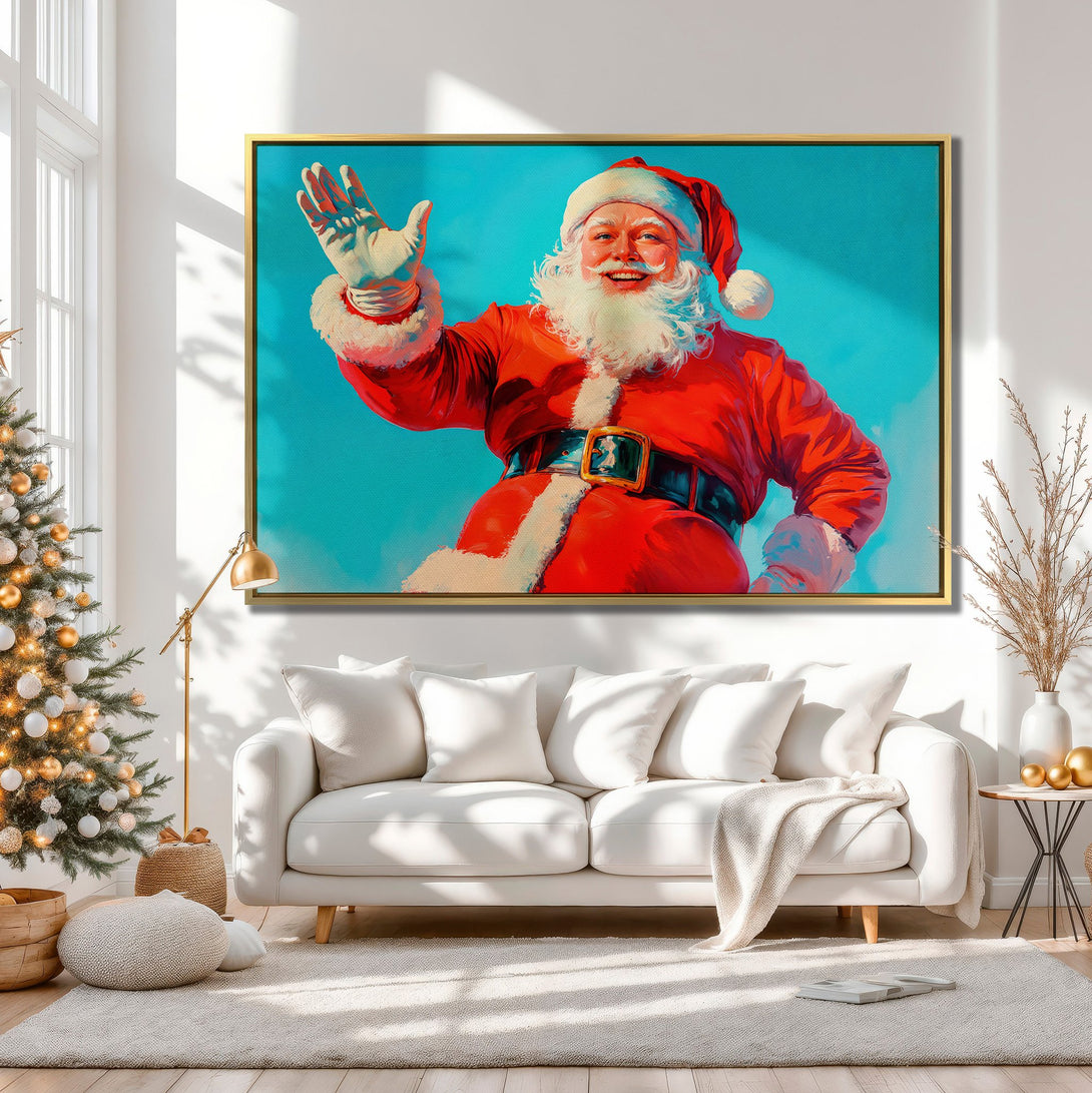 Canvas Print of Santa Claus waving, vibrant red and blue color palette, festive Christmas decor.