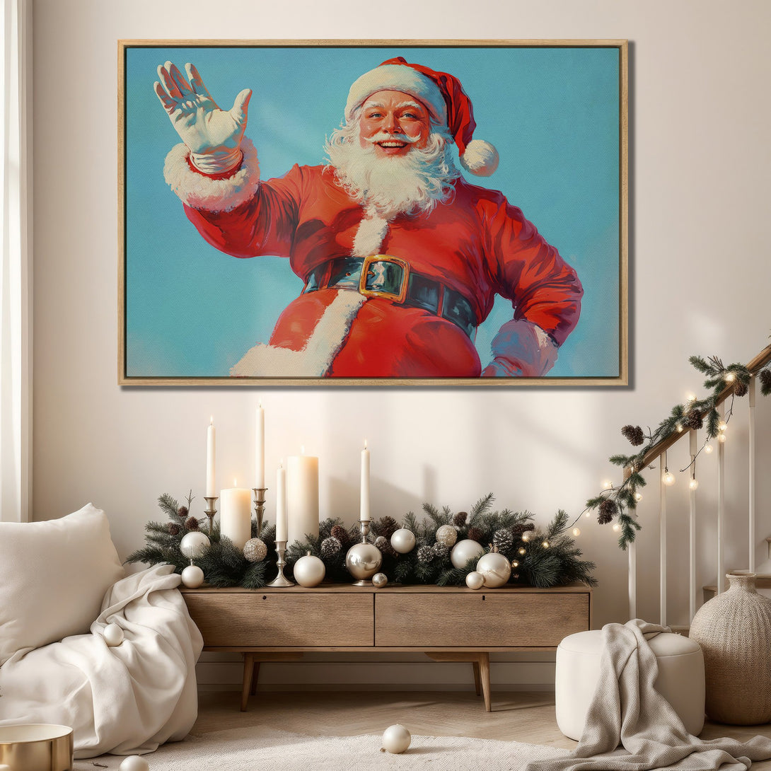 Framed Wall Art: Vintage Santa Claus canvas print in a warm interior. Features a vibrant red, blue, and white color palette, perfect for holiday decor.