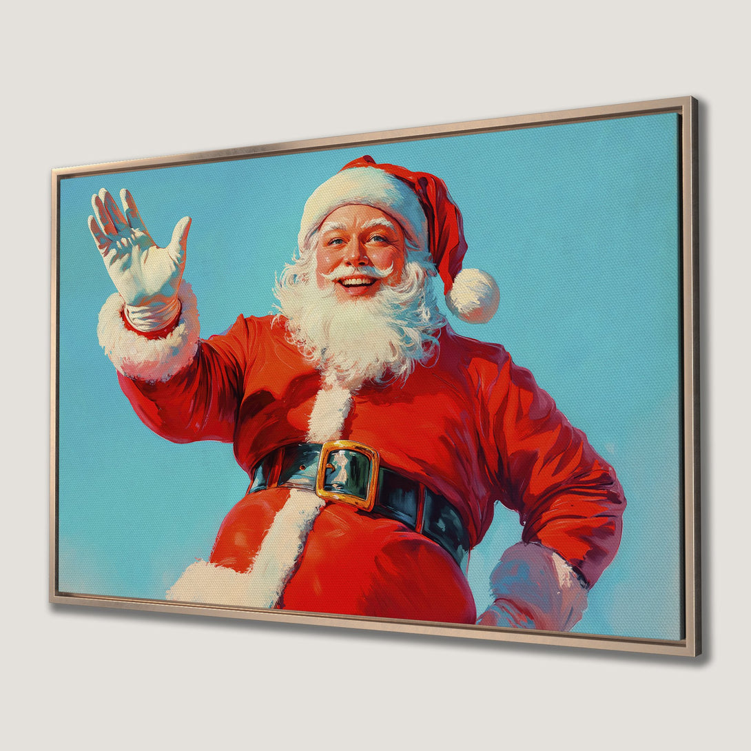 Framed Wall Art featuring Santa Claus in vibrant red and blue. Festive canvas print perfect for holiday decor. Bring joy to your walls!