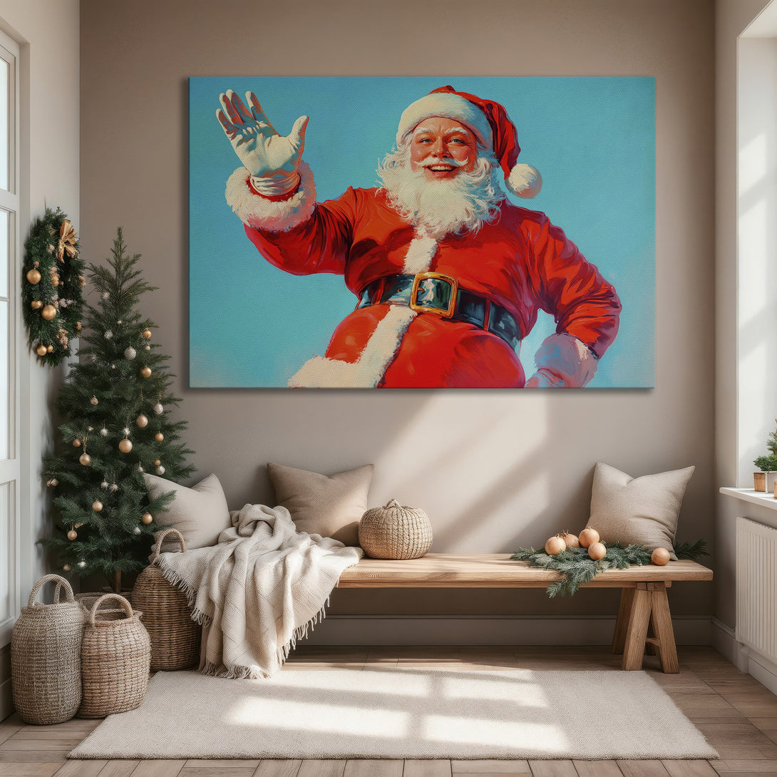 Framed Wall Art: Santa Claus portrait in vibrant red and teal, a festive addition to any home. Perfect Christmas decor!
