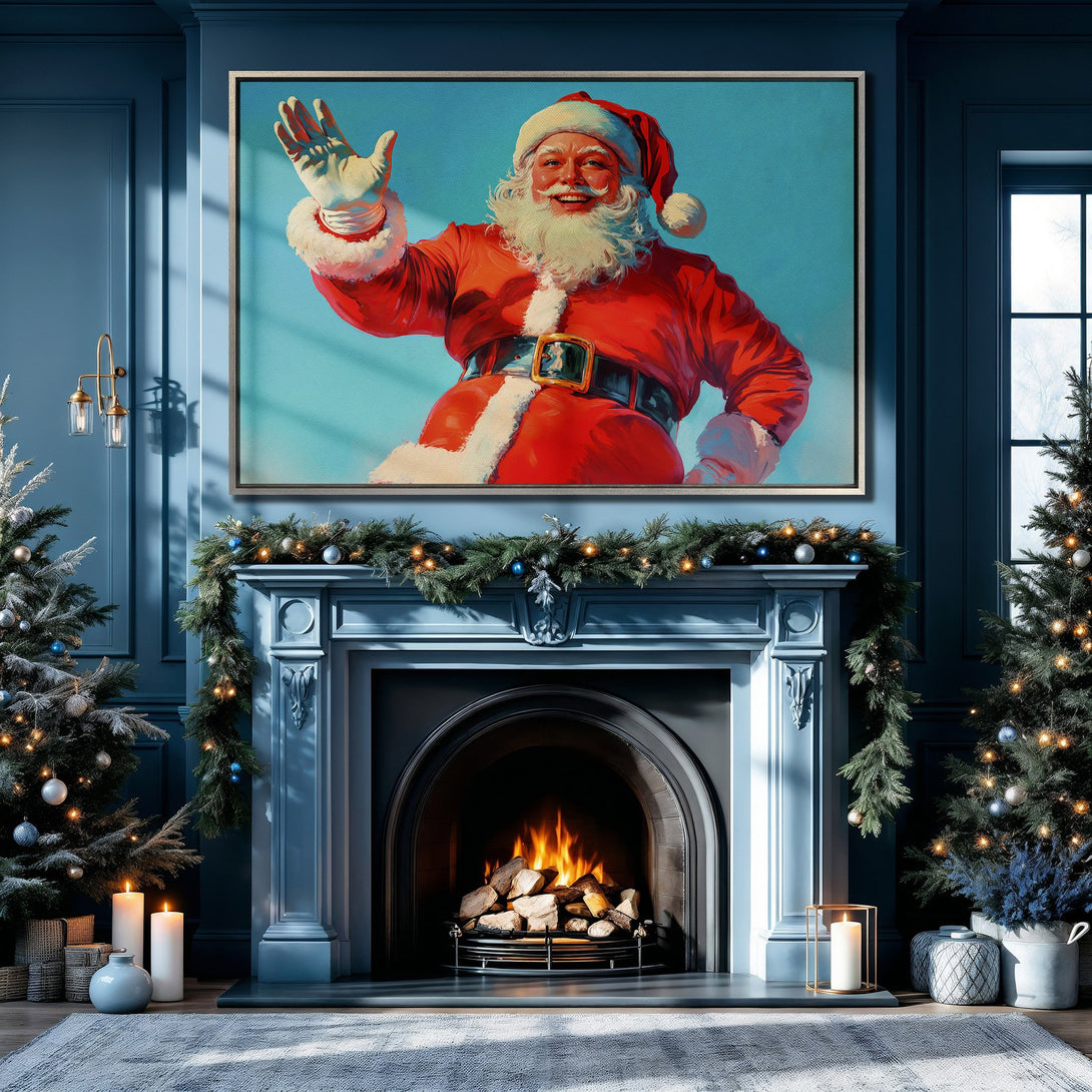 Framed Wall Art featuring Santa Claus in a classic style, vibrant red and blue color palette. Perfect Christmas decor for your home!