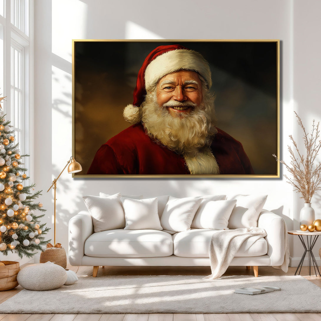 Canvas Print of Santa Claus portrait in warm, inviting interior. Classic style, rich red and neutral color palette, perfect holiday decor.
