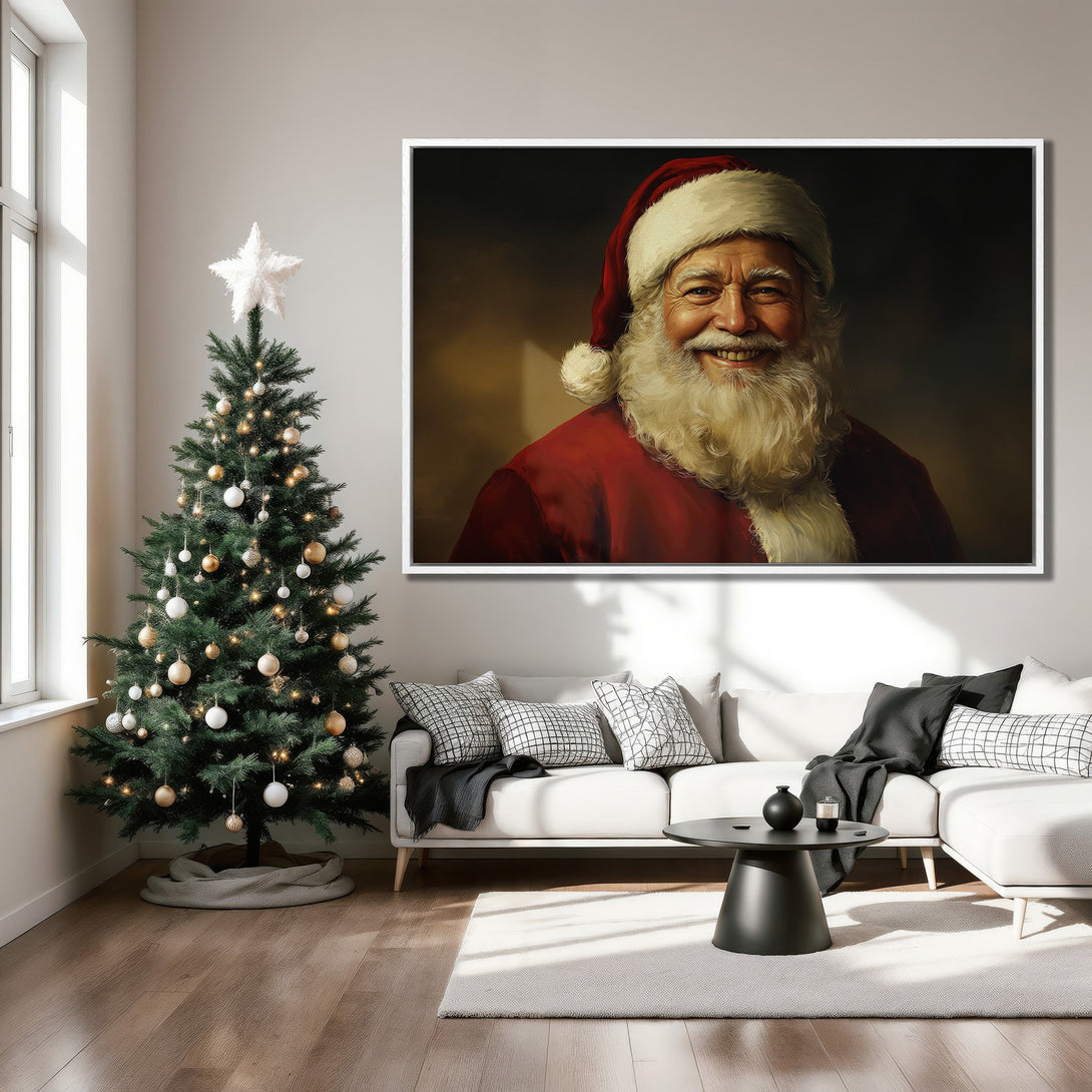 Framed Wall Art of Santa Claus in a classic style, featuring a warm red and beige color palette. Perfect Christmas decor for your home!