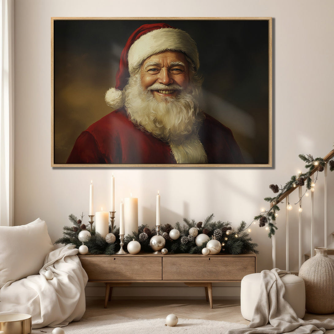 Framed Wall Art of Santa Claus, warm red and neutral tones. Classic portrait style Canvas Print for holiday decor. Bring the joy of Christmas home!