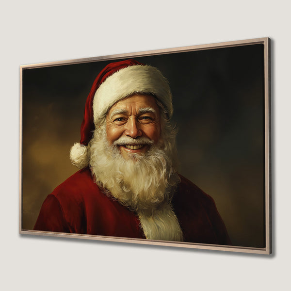 Framed Wall Art of Santa Claus. Classic style, warm red and gold tones. Perfect holiday decor for your home.
