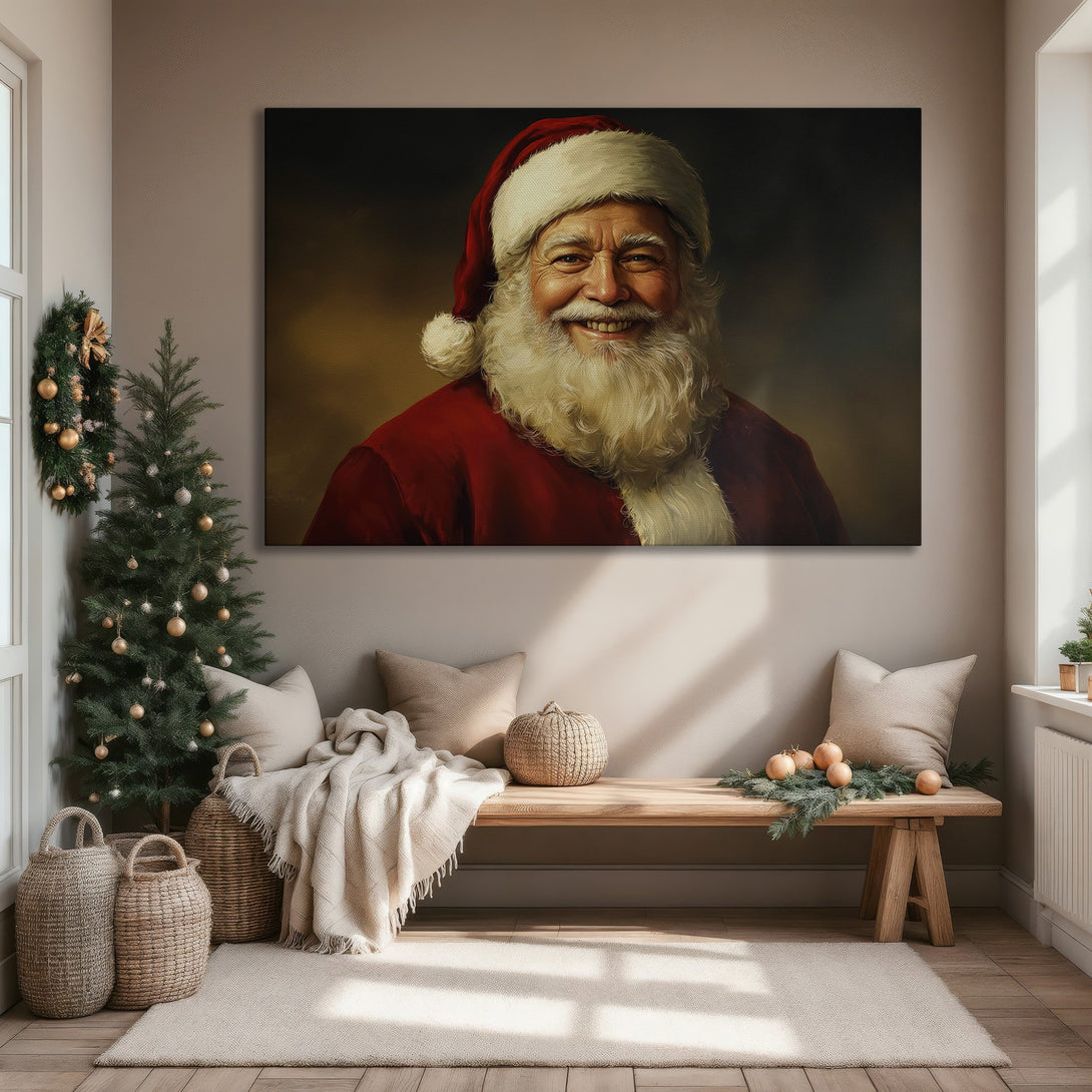 Framed Wall Art of Santa Claus in a traditional style, featuring a warm red and gold color palette. Perfect Christmas decor for any home!
