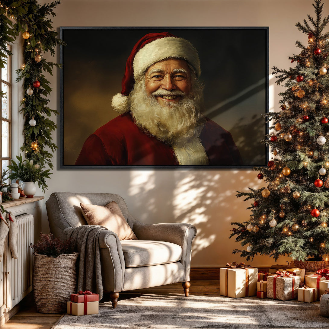 Framed Wall Art: Classic Santa portrait in a cozy Christmas interior. Warm red, gold, and neutral tones create a festive and inviting atmosphere. Perfect holiday decor!