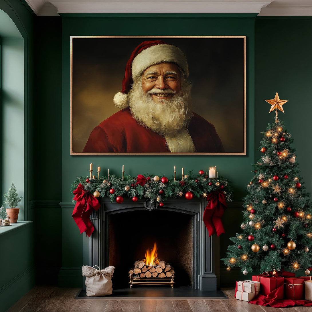 Framed Wall Art of Santa Claus in a classic style, displayed in a festive green interior. Warm red and gold color palette, perfect for Christmas decor.
