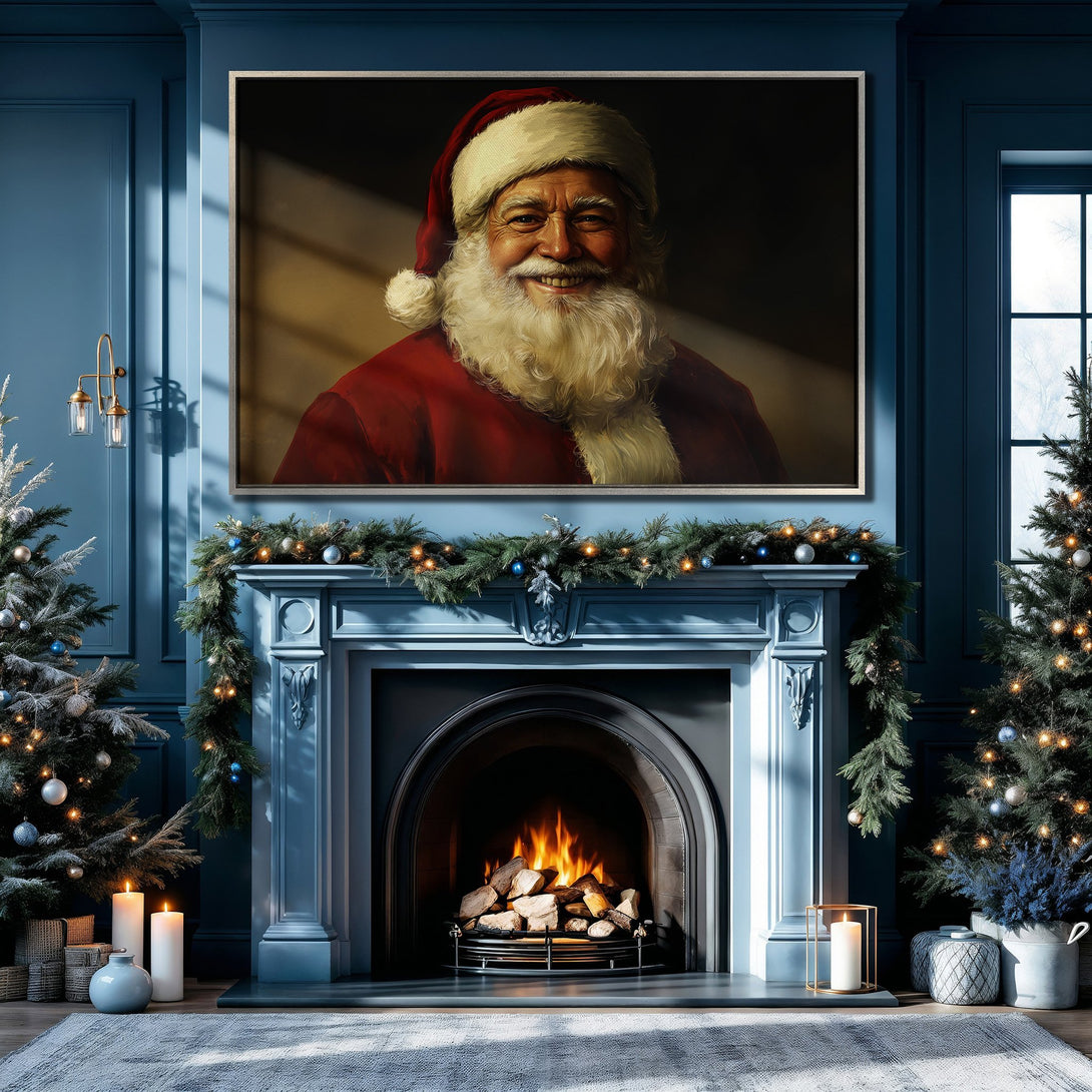 Framed Wall Art of Santa Claus in a classic style, displayed in a blue interior. Perfect Christmas decor!