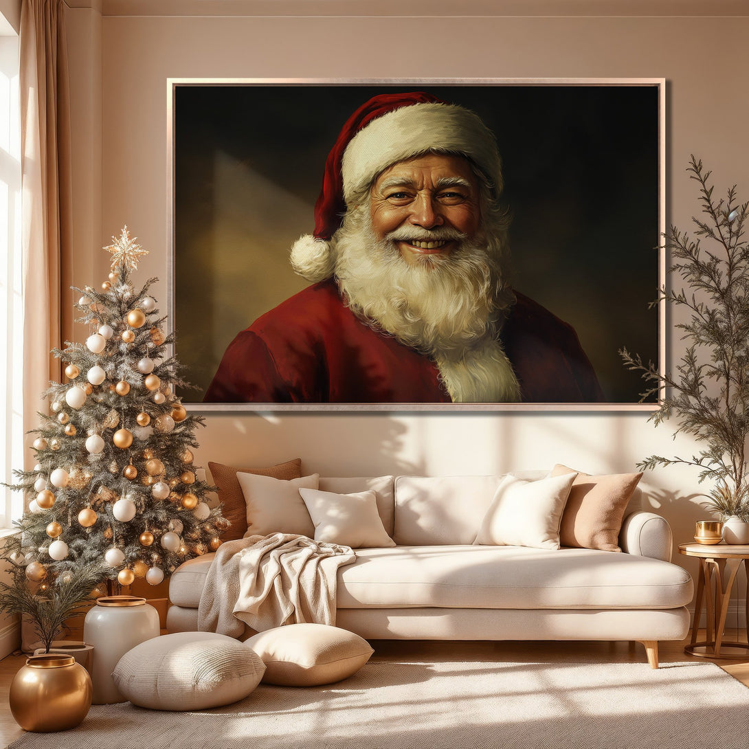 Framed Wall Art of Santa Claus in a warm, inviting interior. Classic portrait style with a red and gold color palette, perfect for holiday decor.