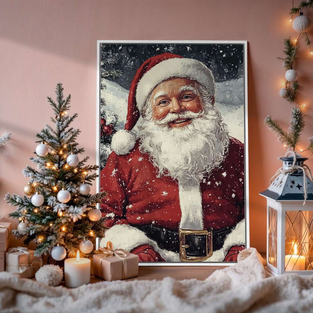 Framed Wall Art: Festive Santa Claus portrait with a warm red and white color palette, perfect for Christmas decor.