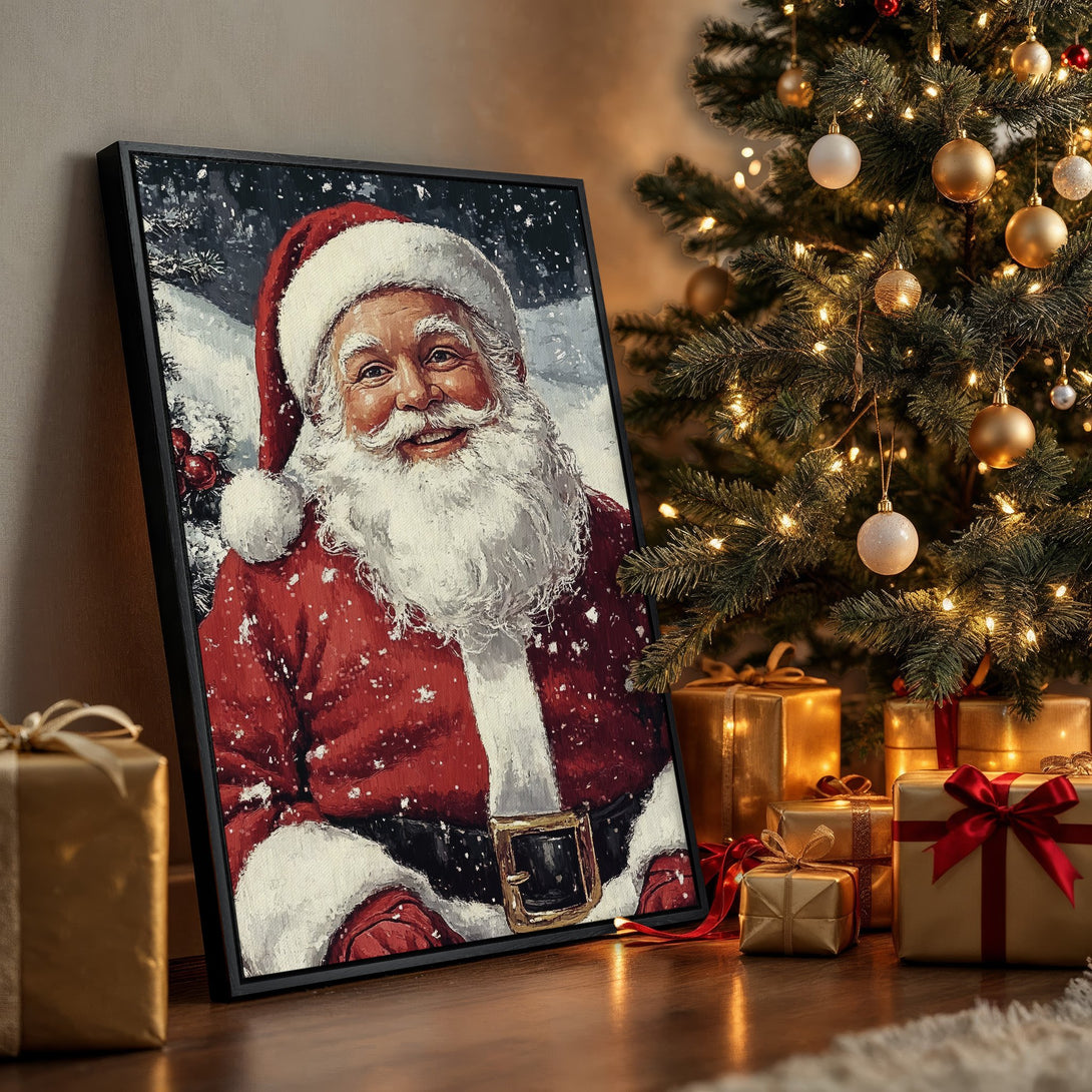 Framed Wall Art featuring Santa Claus in a classic style. Festive red, white, and gold color palette. Perfect holiday decor for your home!