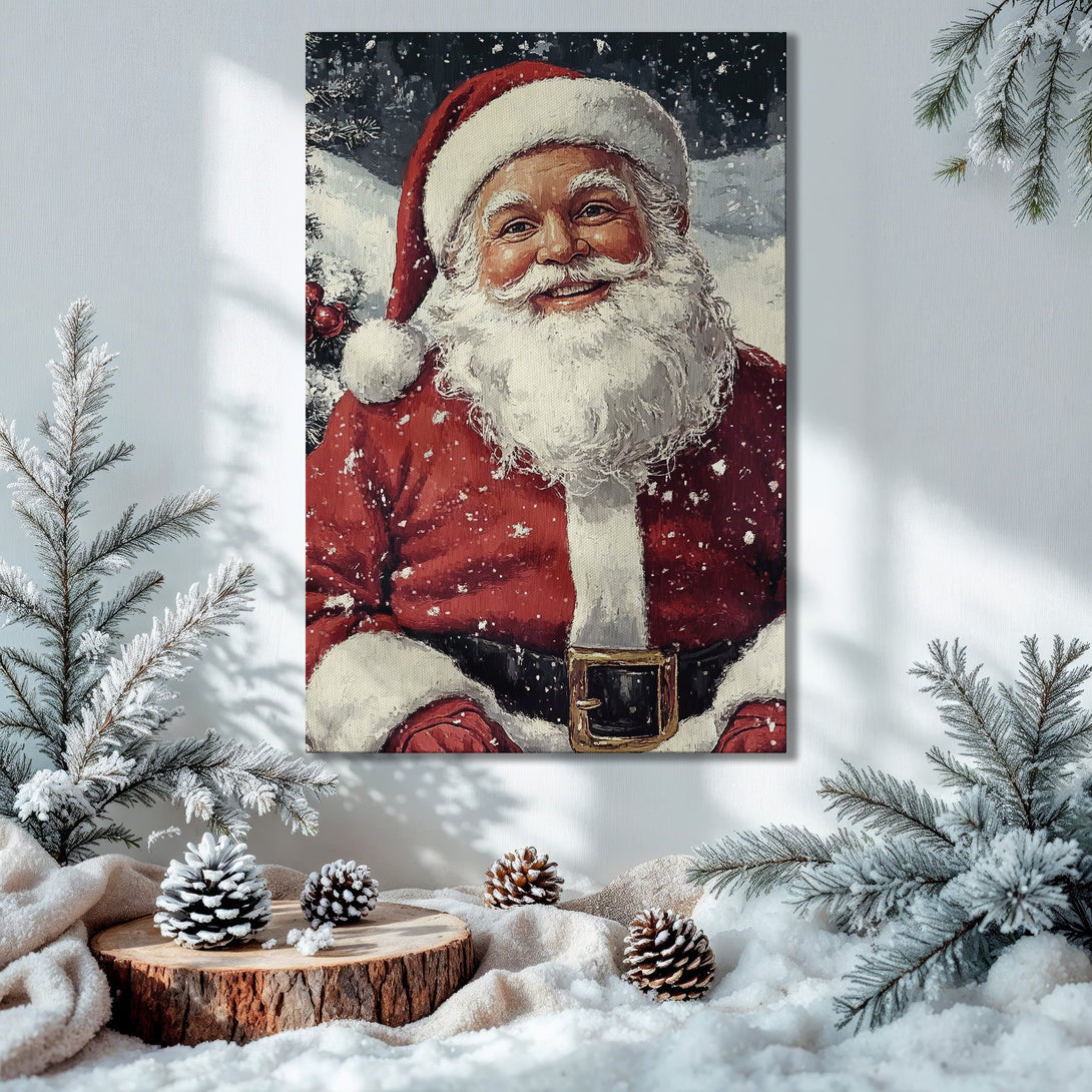 Framed Wall Art featuring Santa Claus portrait. Festive, warm color palette with red, white, and gold. Perfect Christmas decor for your home.