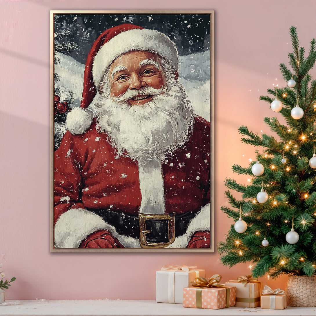 Framed Wall Art: Classic Santa Claus portrait in a warm, festive setting. Rich red, white, and black hues create a cozy Christmas vibe. Perfect holiday decor!