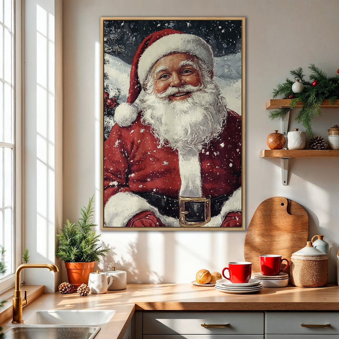 Framed Wall Art featuring Santa Claus in a painterly style. Festive red and white color palette, perfect for Christmas decor and holiday gifting.