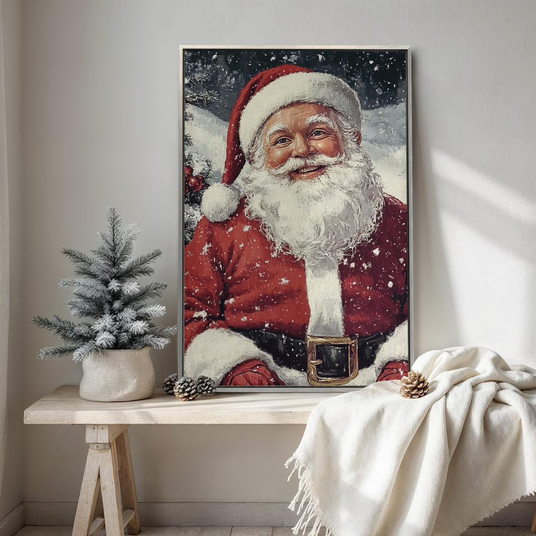 Framed Wall Art: Smiling Santa Claus in a vintage style, featuring a red and white color palette. Perfect Christmas decor for your home!