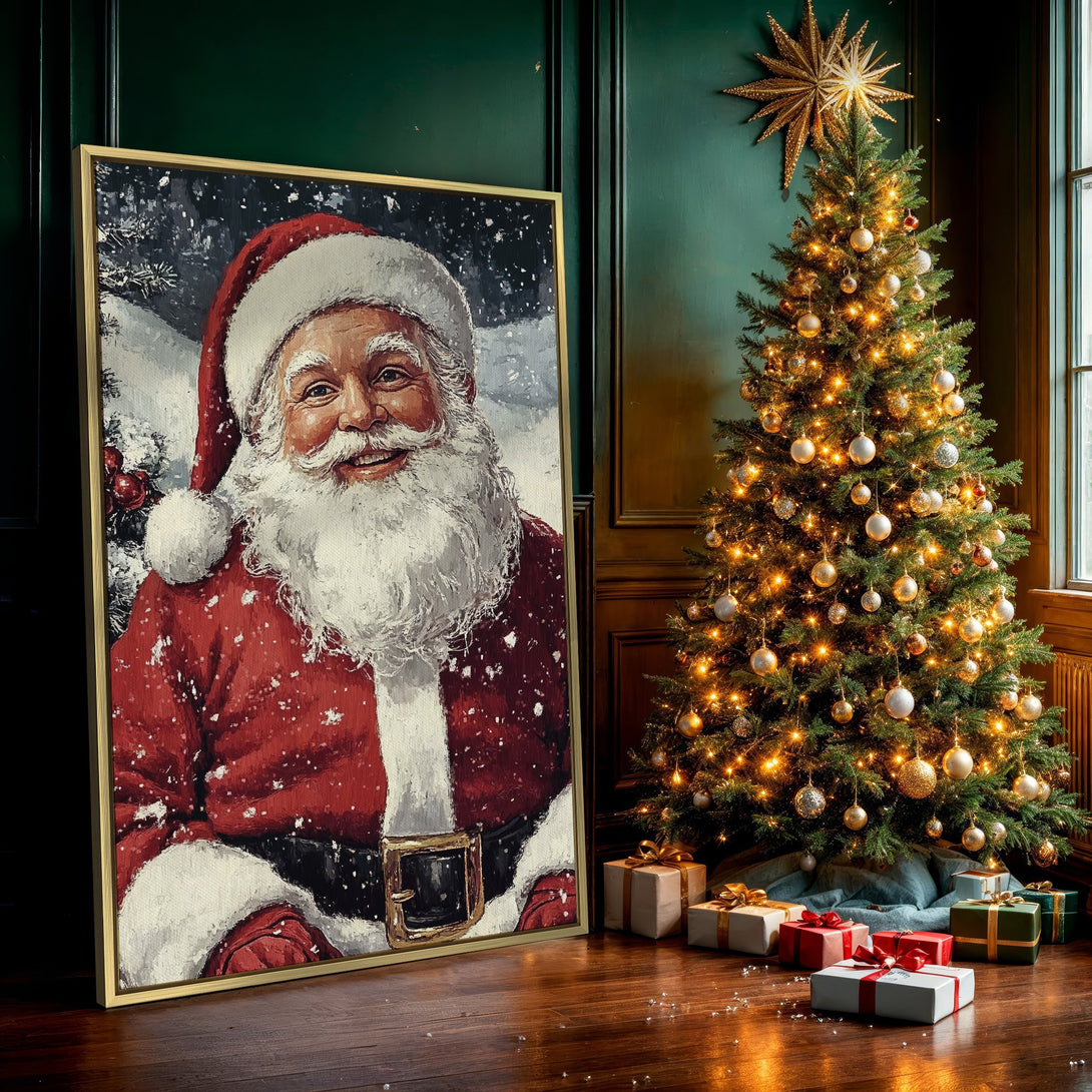 Canvas Print of Santa Claus portrait in festive red and white, perfect Christmas wall art. Classic style, warm color palette.