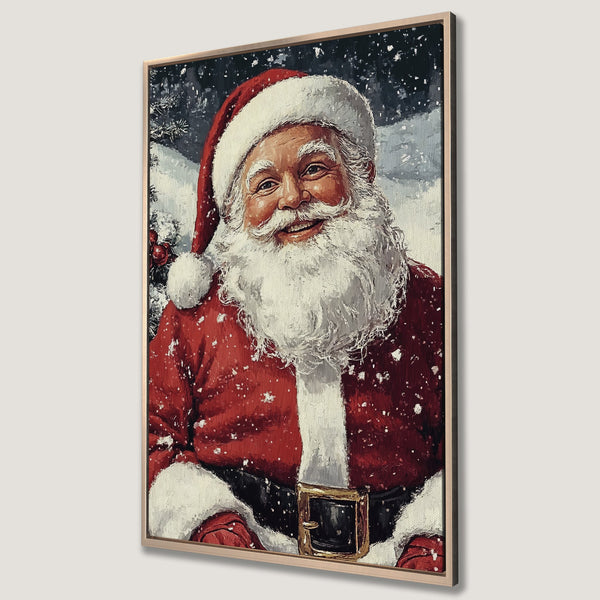 Framed Wall Art: Smiling Santa Claus portrait in a snowy scene. Festive red and white color palette. Perfect Christmas decor for your home!
