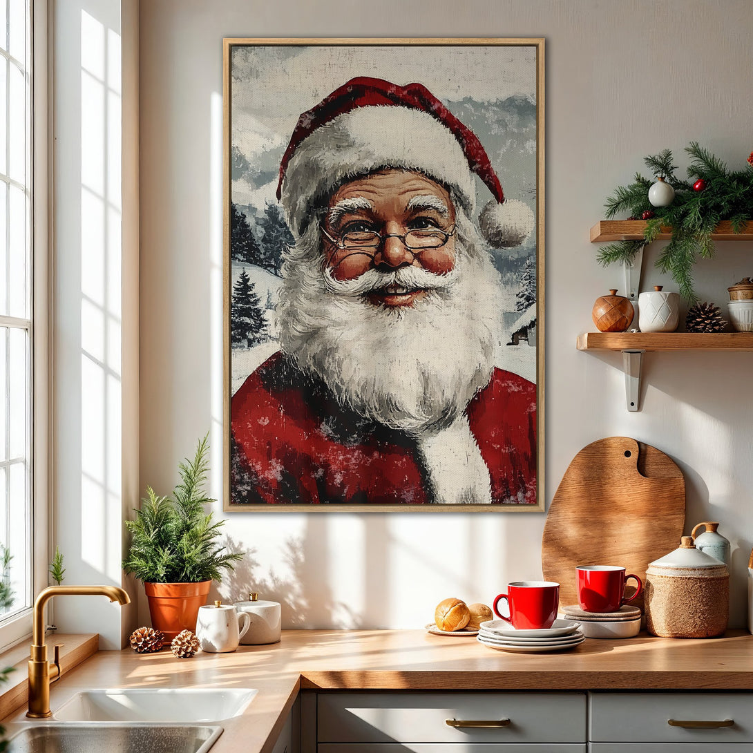 Framed Wall Art: Santa Claus portrait in a rustic style with a red and white color palette. Perfect Christmas wall decor for a cozy kitchen.