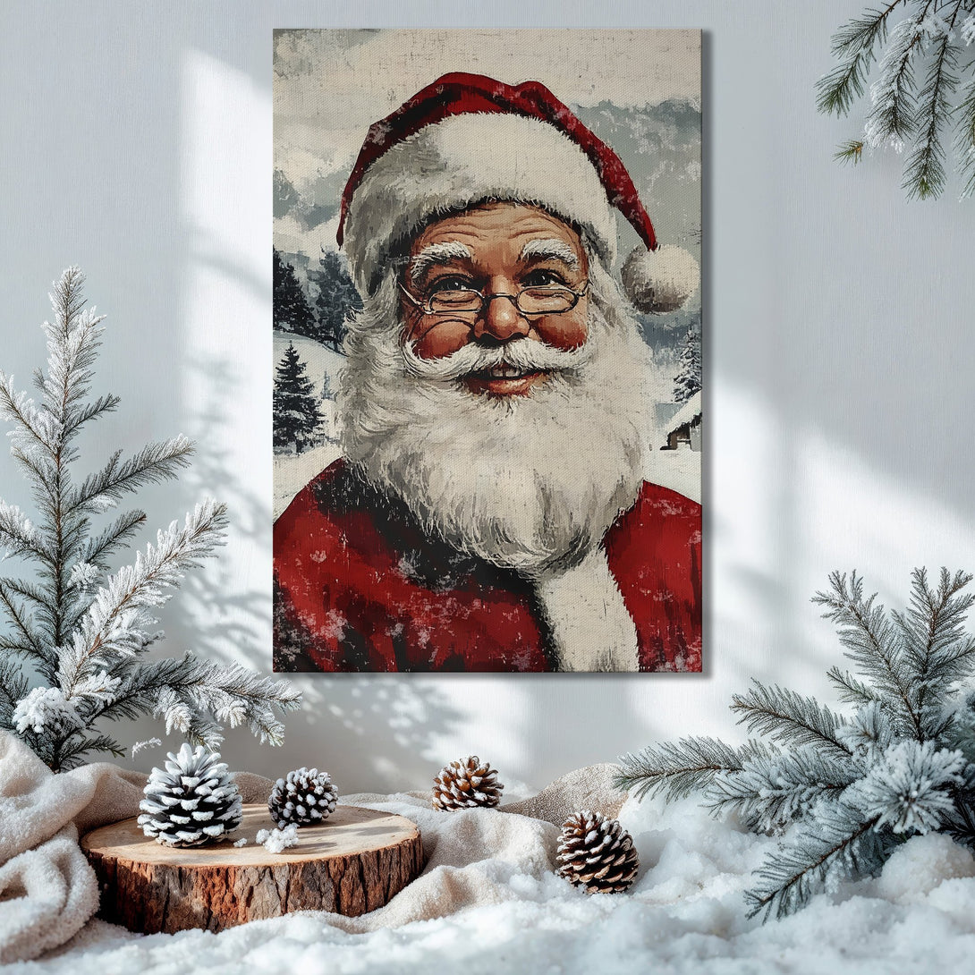 Framed Wall Art featuring Santa Claus. Vintage style Canvas Print with red, white, and gold tones, perfect for Christmas decor.