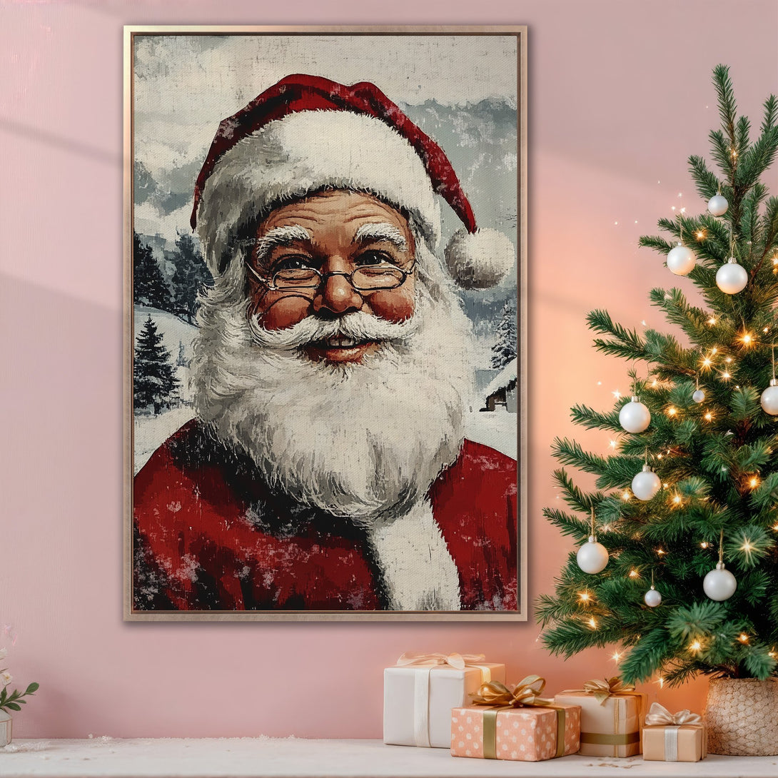 Framed Wall Art: Vintage Santa Claus portrait in red, white, and gray hues. Perfect Christmas decor for a cozy, festive interior.