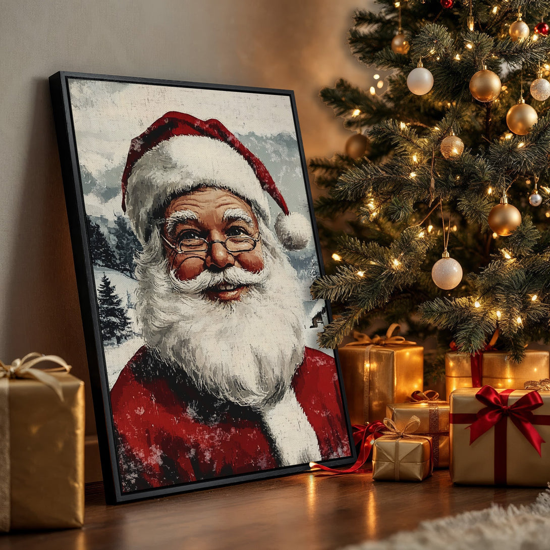 Framed Wall Art: Santa Claus portrait in red, white, and neutral tones. Festive Christmas decor, perfect for holiday gifting. Shop now for unique wall art!