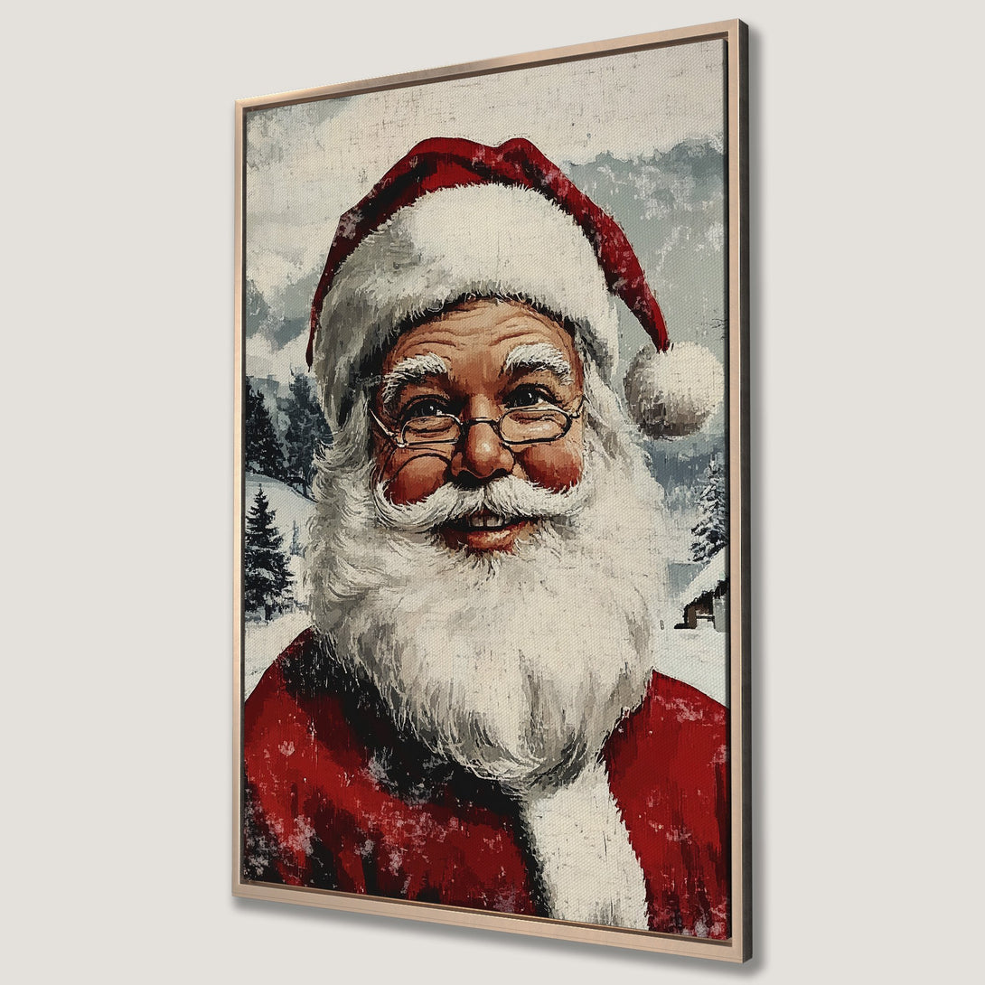 Framed Wall Art featuring Santa Claus in a vintage style. A festive Canvas Print with a red, white, and gray color palette, perfect for Christmas decor.