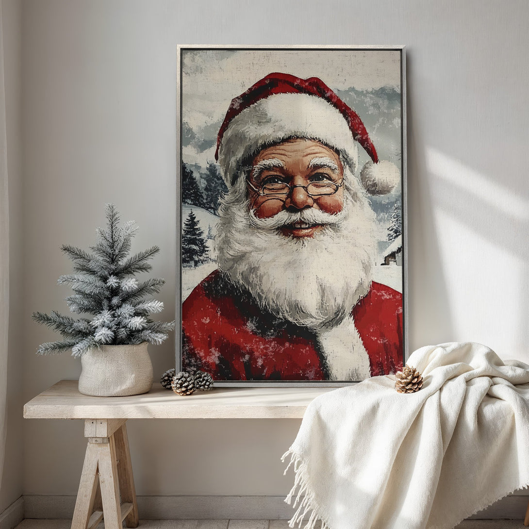 Framed Wall Art of Santa Claus in a vintage style. Features a red, white, and neutral color palette, perfect for Christmas decor.