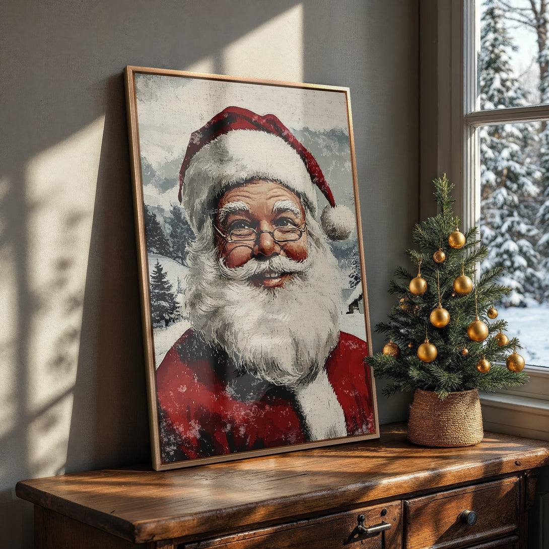Framed Wall Art of Santa Claus in a vintage style. Festive red & white color palette. Perfect Christmas decor for your home!