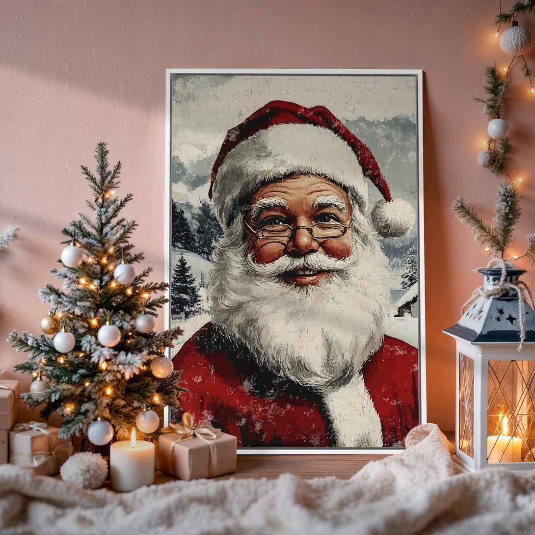 Framed Wall Art of Santa Claus, vintage style, red and white color palette, perfect Christmas decor for your home.