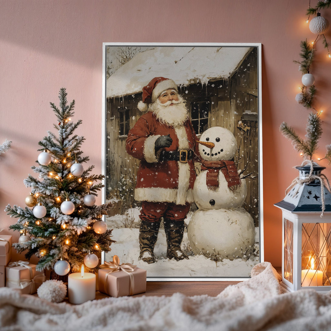 Framed Wall Art: Vintage Santa Claus and snowman painting in a cozy interior. Warm red and neutral tones create a festive, inviting atmosphere. Perfect Christmas decor!
