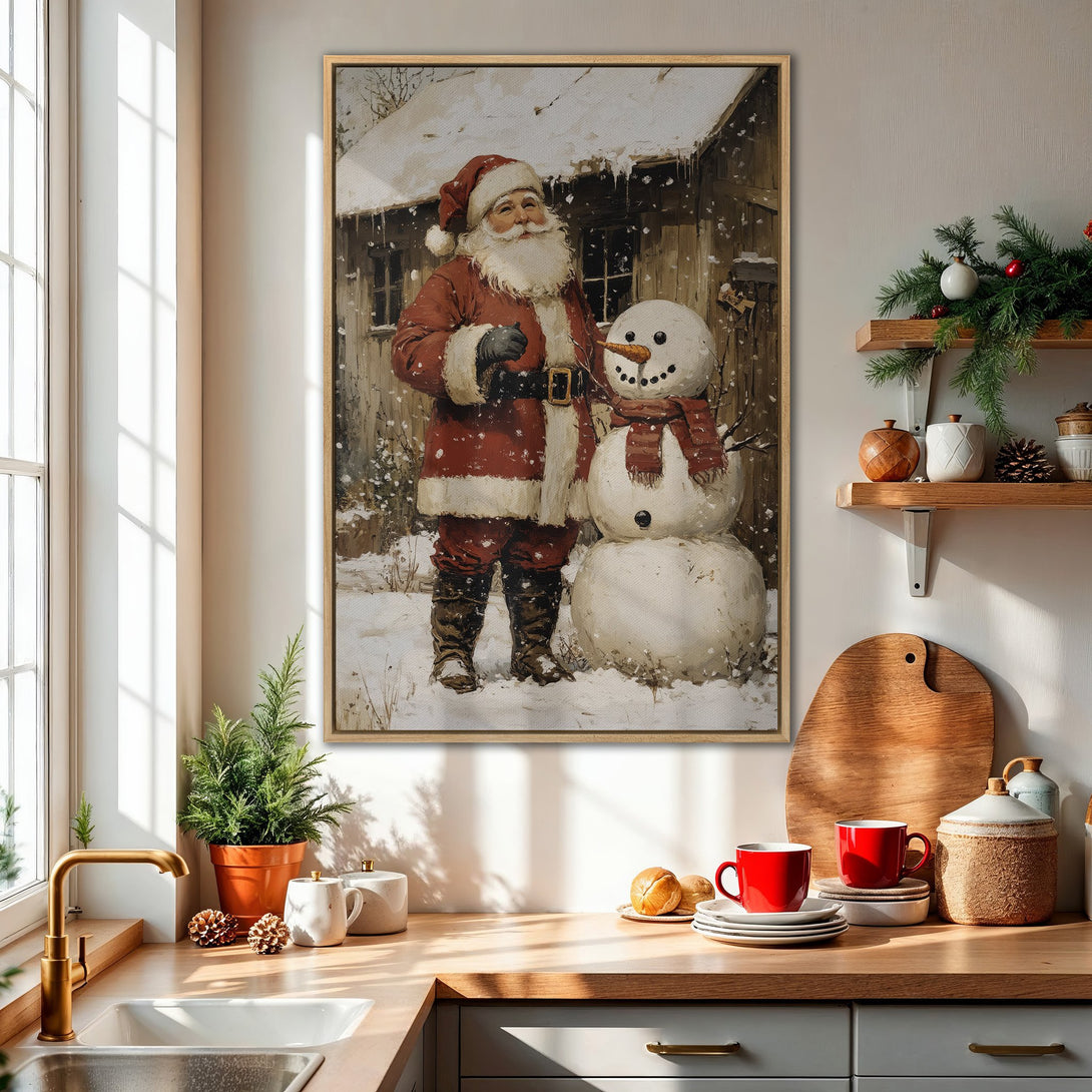 Framed Wall Art: Vintage Santa Claus & snowman painting. Rustic style, warm red & neutral tones. Perfect Christmas decor for a cozy kitchen!