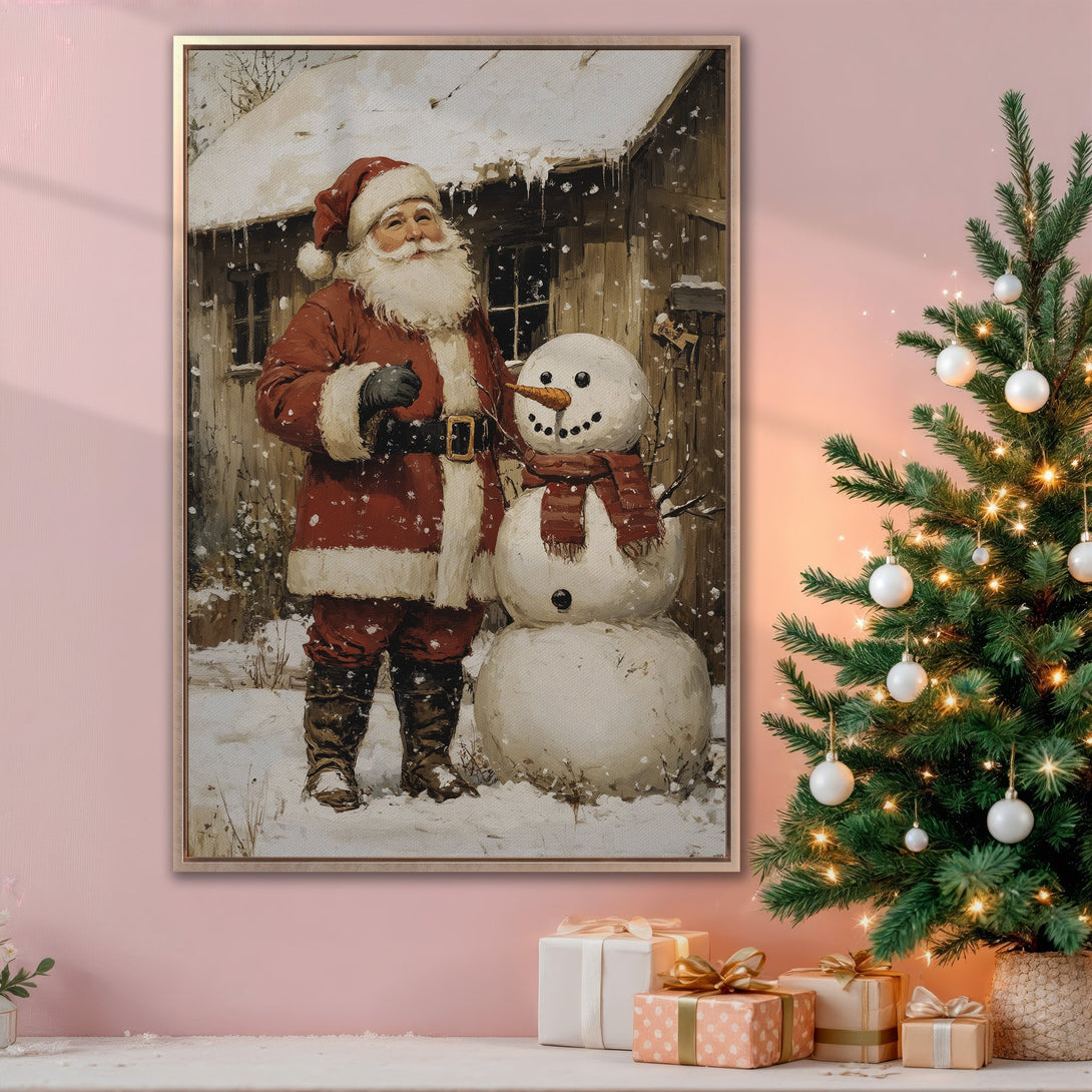 Framed Wall Art: Vintage Santa Claus painting with snowman. Festive winter scene in red, brown, and white. Perfect Christmas decor for a cozy holiday vibe.