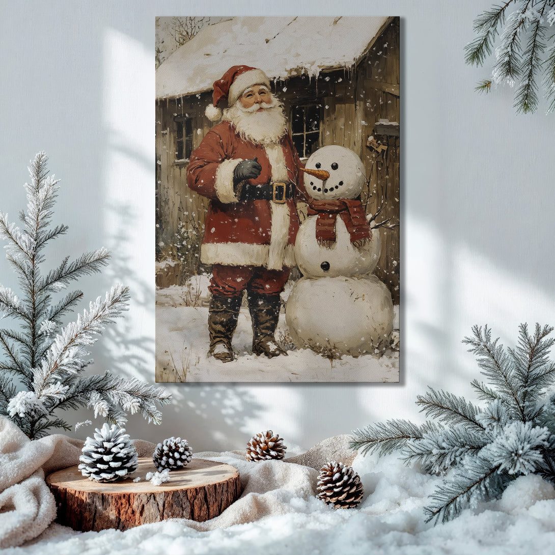 Framed Wall Art: Vintage Santa Claus and snowman canvas print, warm red and neutral tones, perfect for Christmas decor.