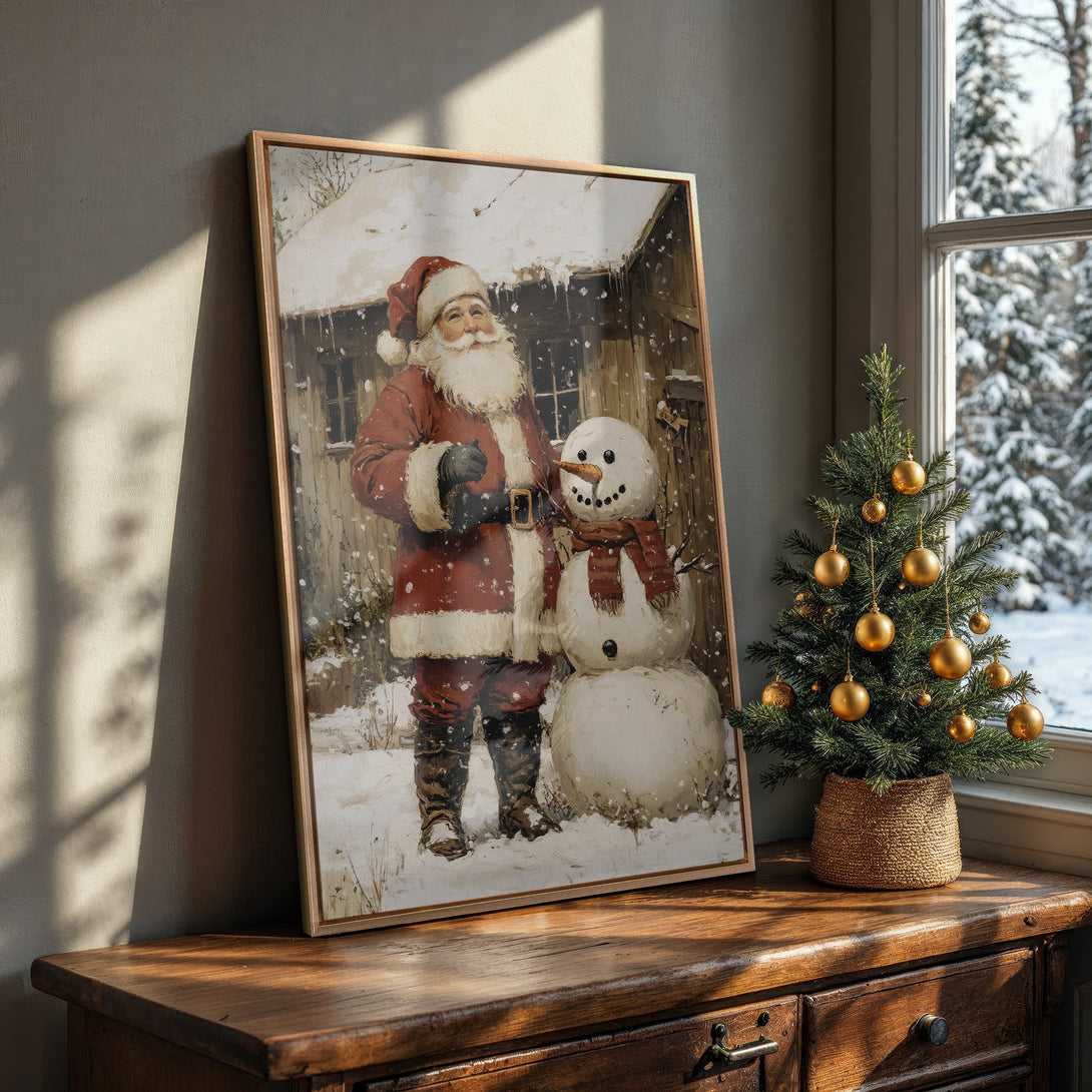 Framed Wall Art featuring Santa and a snowman in a vintage style, warm color palette. Perfect Christmas decor!
