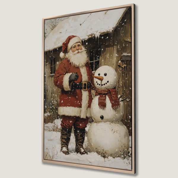 Framed Wall Art featuring Santa and snowman in a vintage style. Warm red and brown tones create a cozy Christmas scene perfect for holiday decor.