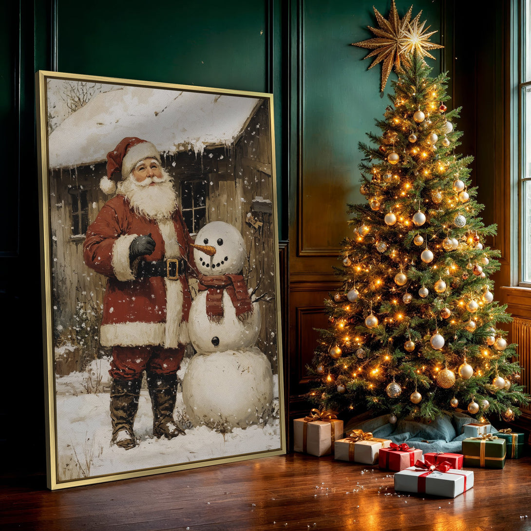 Canvas Print featuring Santa Claus and snowman in a vintage style, with a warm red and white color palette, perfect for Christmas decor.