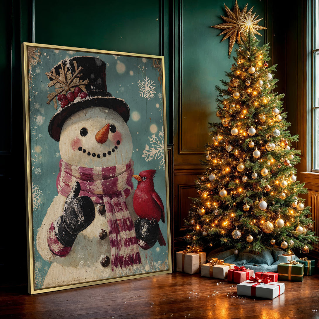 Canvas Print featuring a charming snowman with a red cardinal. Vintage style, blue, white, and red color palette. Perfect winter wall art for your home!