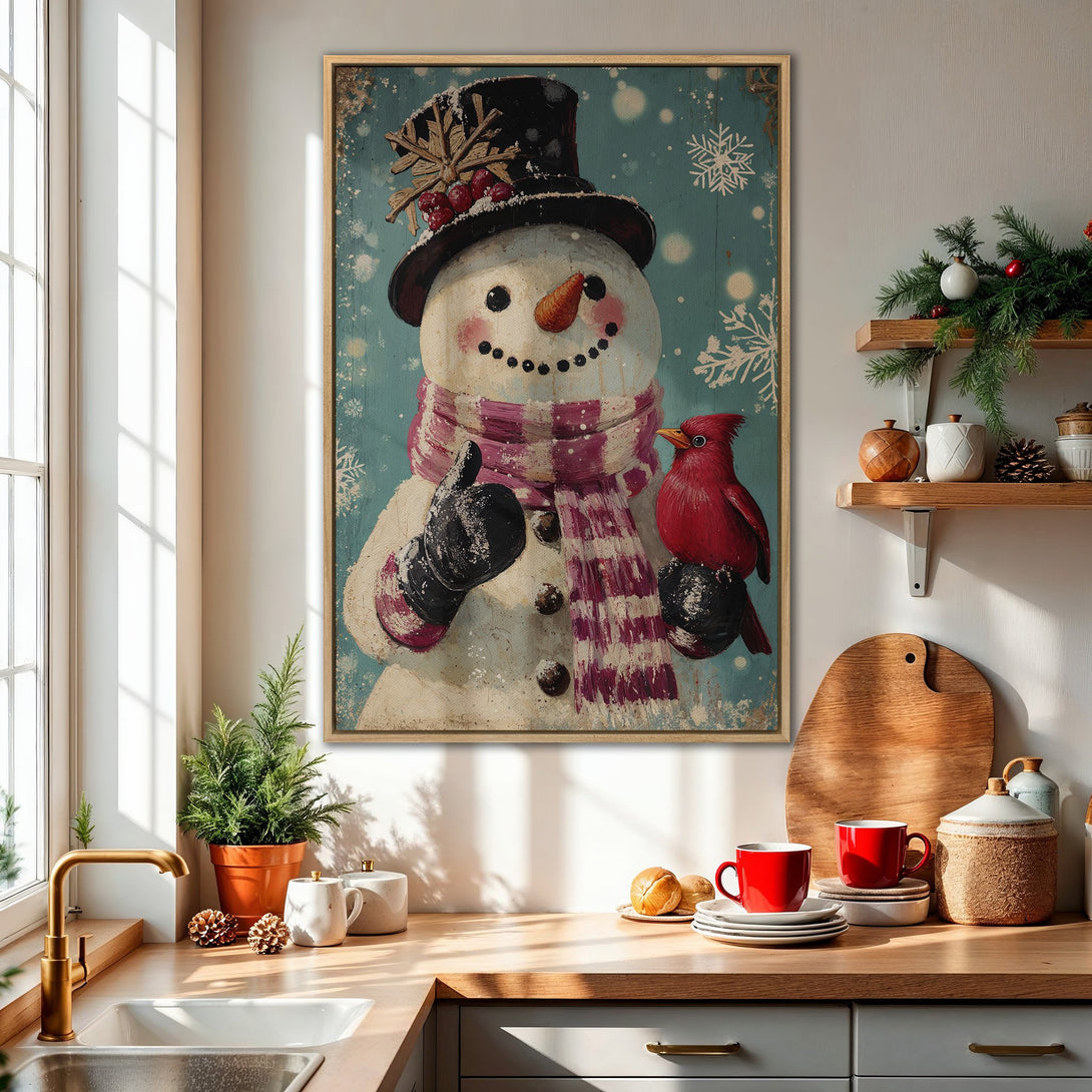 Framed Wall Art: Whimsical snowman with cardinal, vintage style, teal and red color palette, perfect for holiday decor.