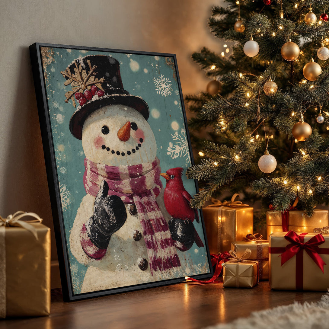 Framed Wall Art: Whimsical snowman print with red cardinal, vintage style, teal and warm color palette, perfect for Christmas decor.