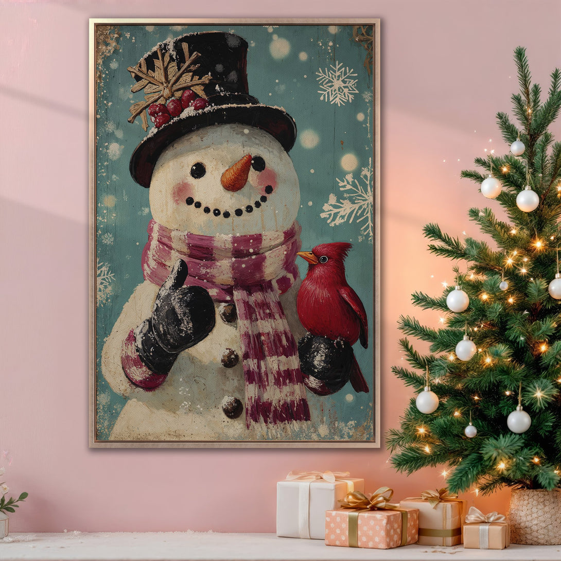 Framed Wall Art: Whimsical snowman with a red cardinal, vintage style, in a festive teal, red, and pink palette. Perfect Christmas decor!