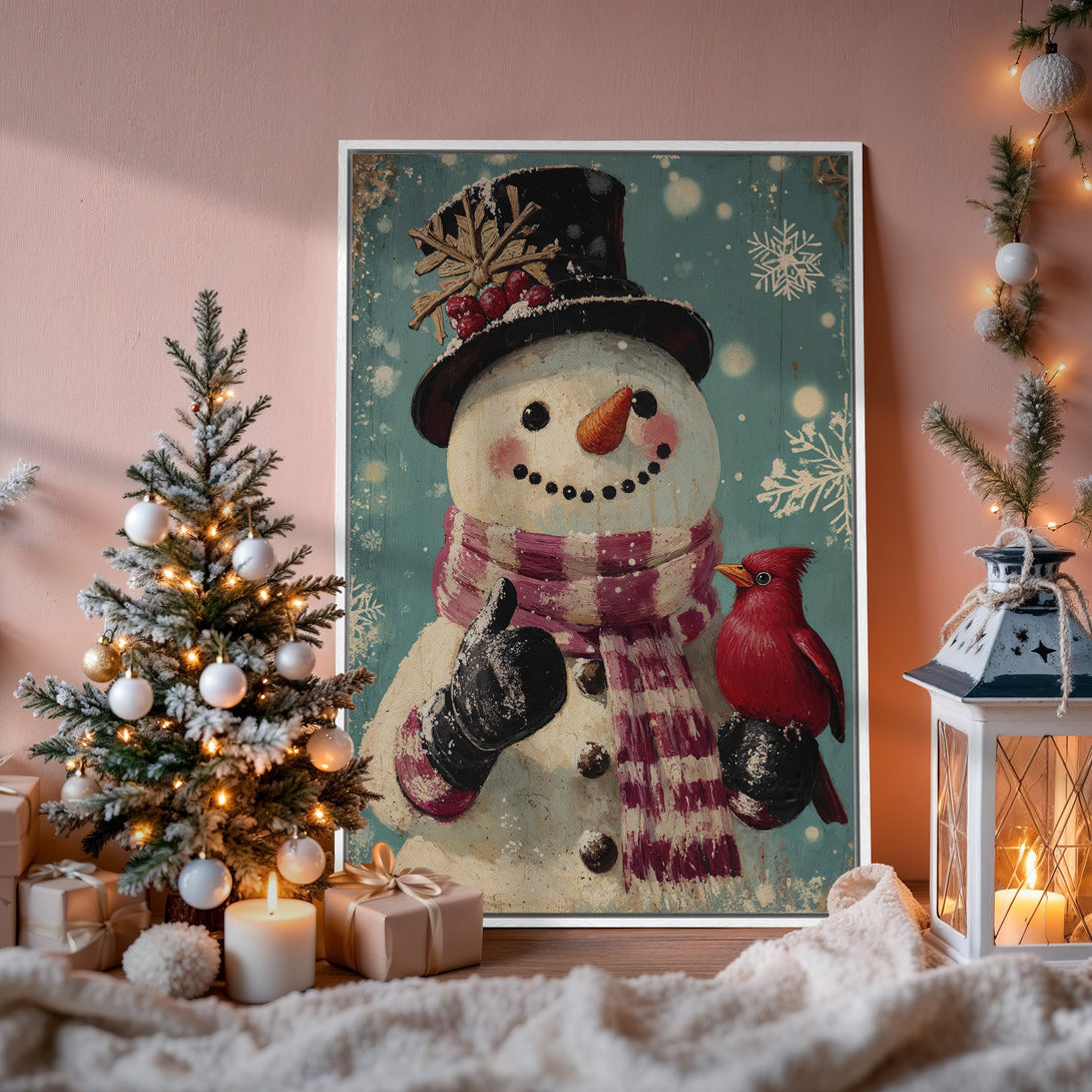 Framed Wall Art: Whimsical snowman with a red bird. Vintage style, teal, pink & red color palette. Perfect Christmas decor!