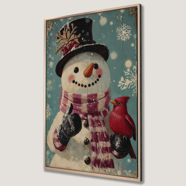 Framed Wall Art: Whimsical snowman with a red cardinal on a teal background. Rustic style, perfect for winter holiday decor. Warm color palette.