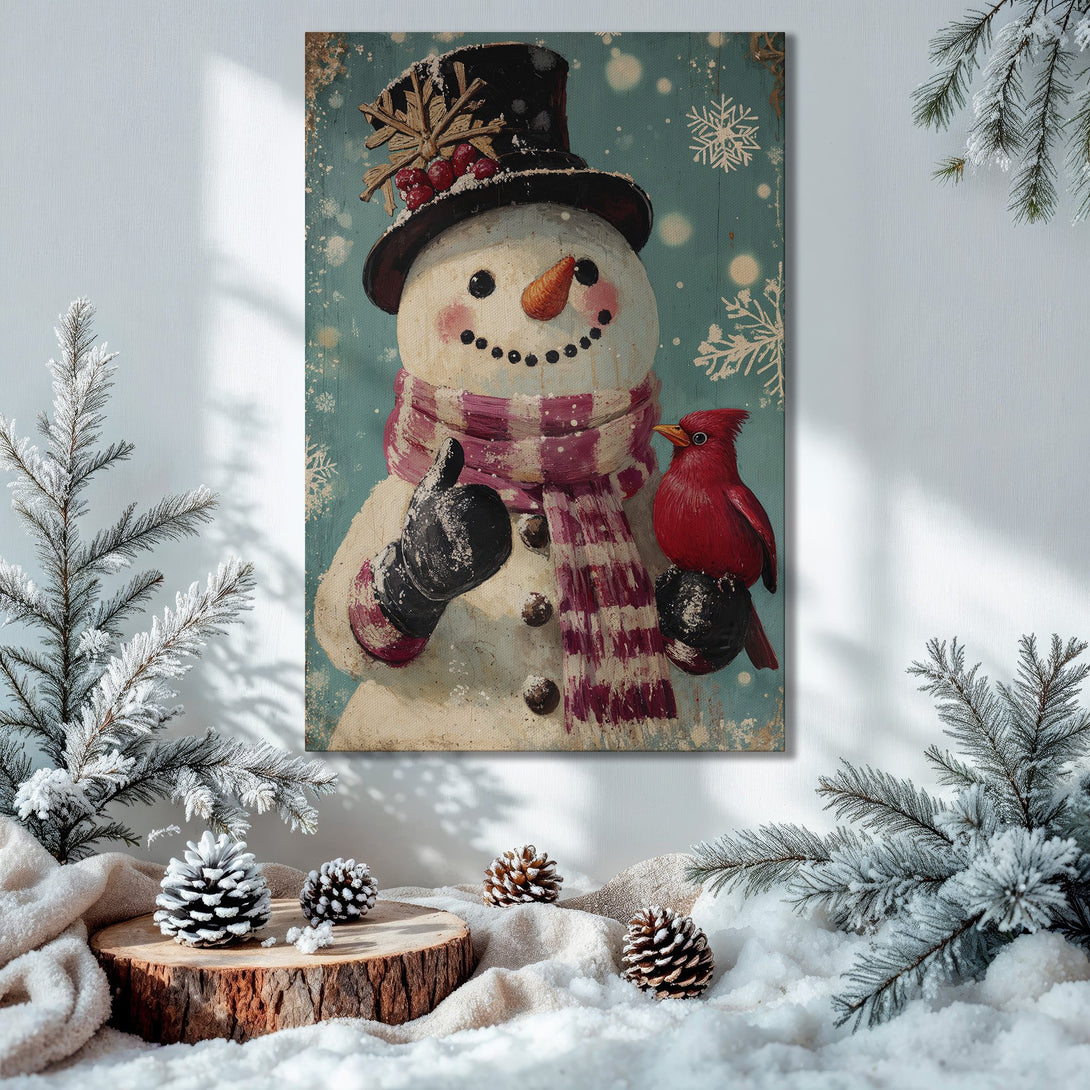 Framed Wall Art: Whimsical snowman with cardinal, vintage style, teal & pink color palette, perfect for holiday decor.