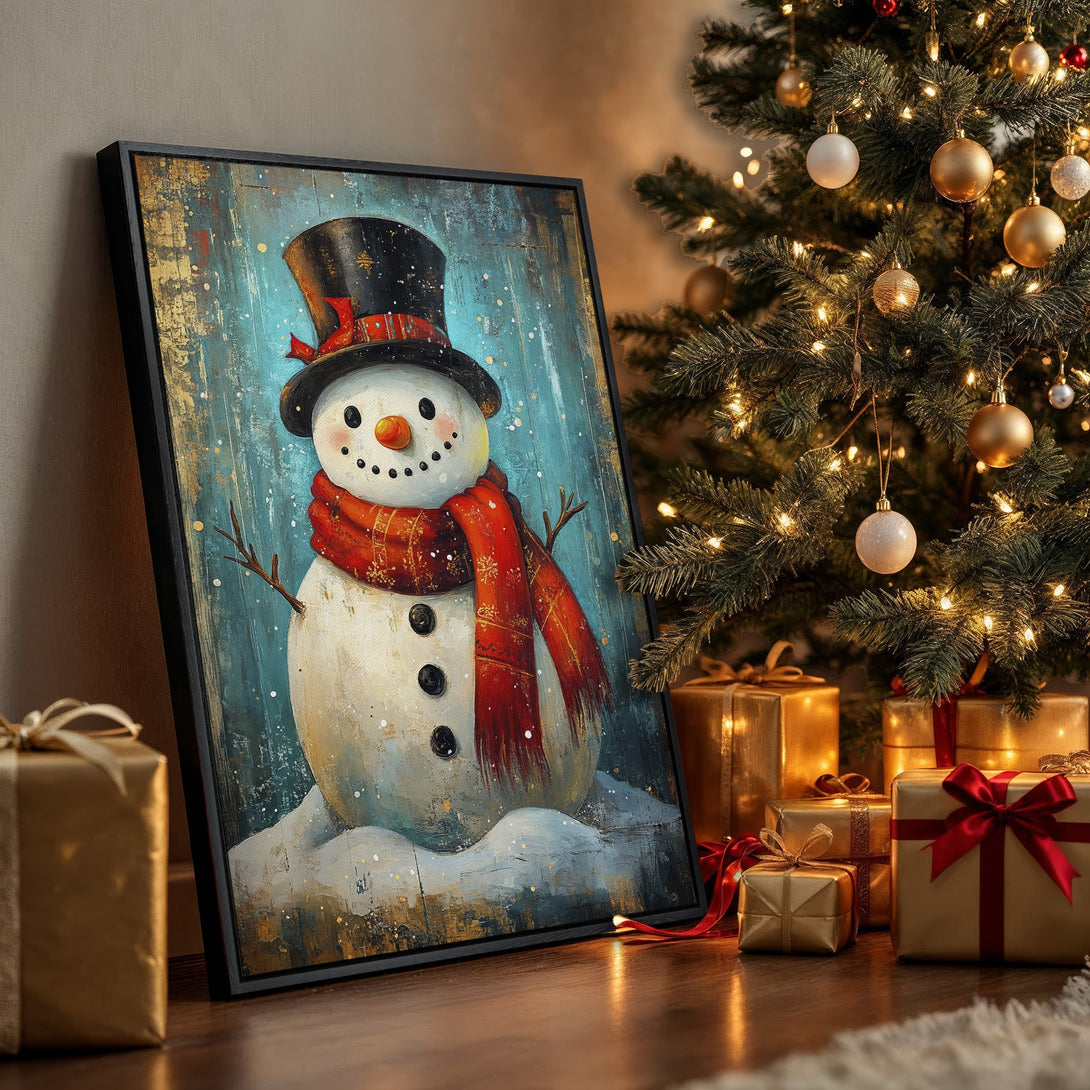 Framed Wall Art: Festive snowman painting with a red scarf, black hat, and blue/gold background. Perfect Christmas decor!