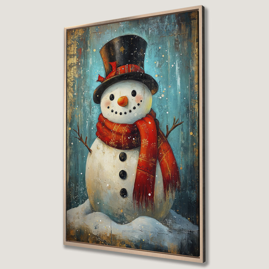 Framed Wall Art of a charming snowman in a top hat and red scarf, painted in a textured, whimsical style with a blue and gold color palette. Perfect winter decor!