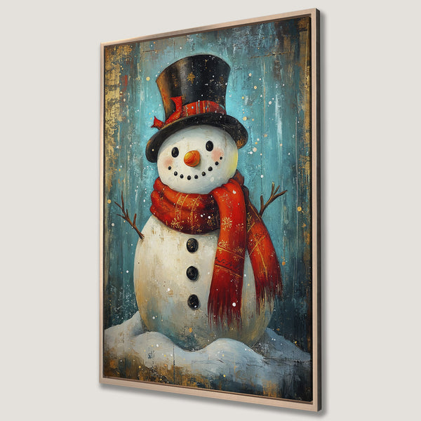 Framed Wall Art of a charming snowman in a top hat and red scarf, painted in a textured, whimsical style with a blue and gold color palette. Perfect winter decor!