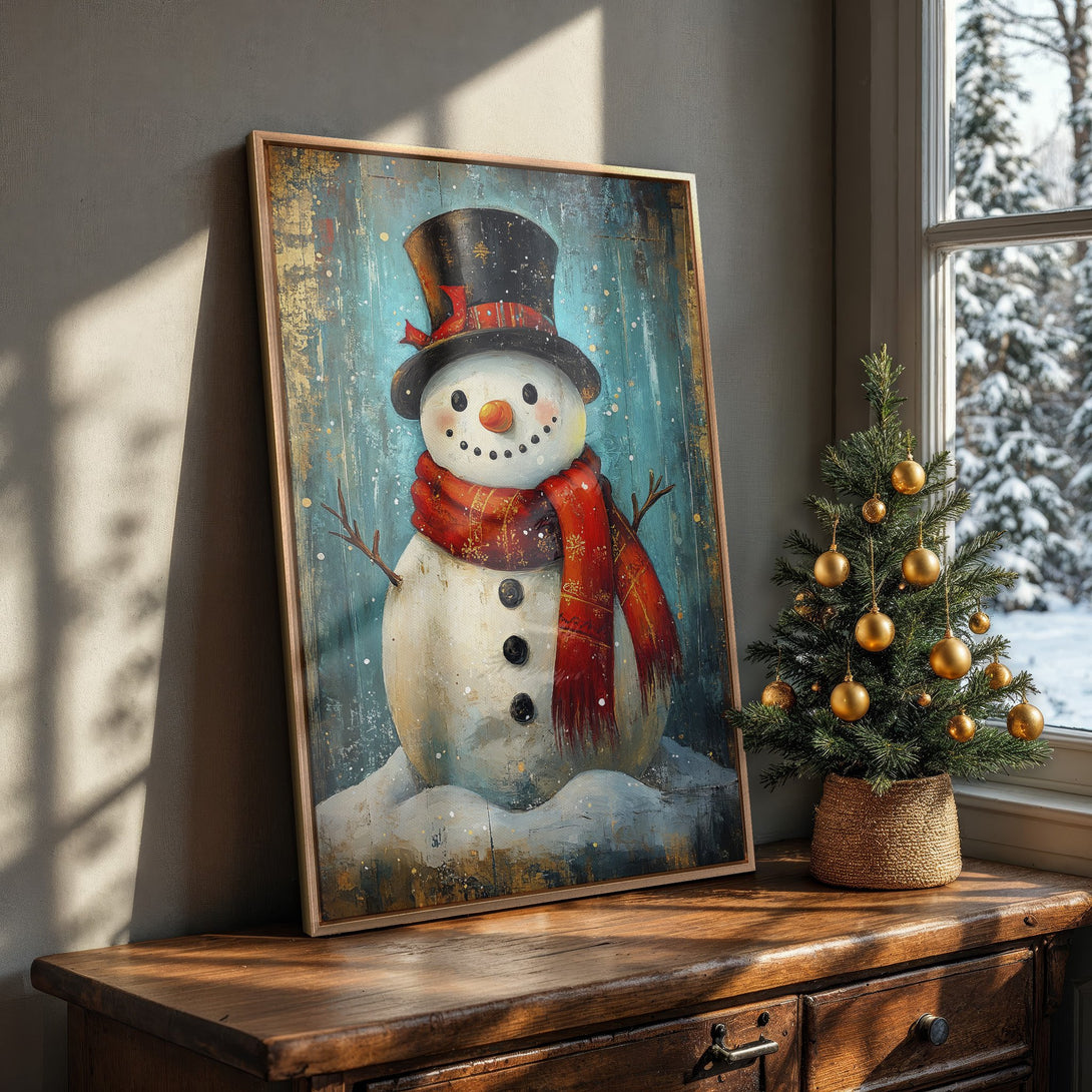 Framed Wall Art: Whimsical snowman painting with a rustic, textured style. Features a warm color palette of blue, red, and gold, perfect for winter decor.