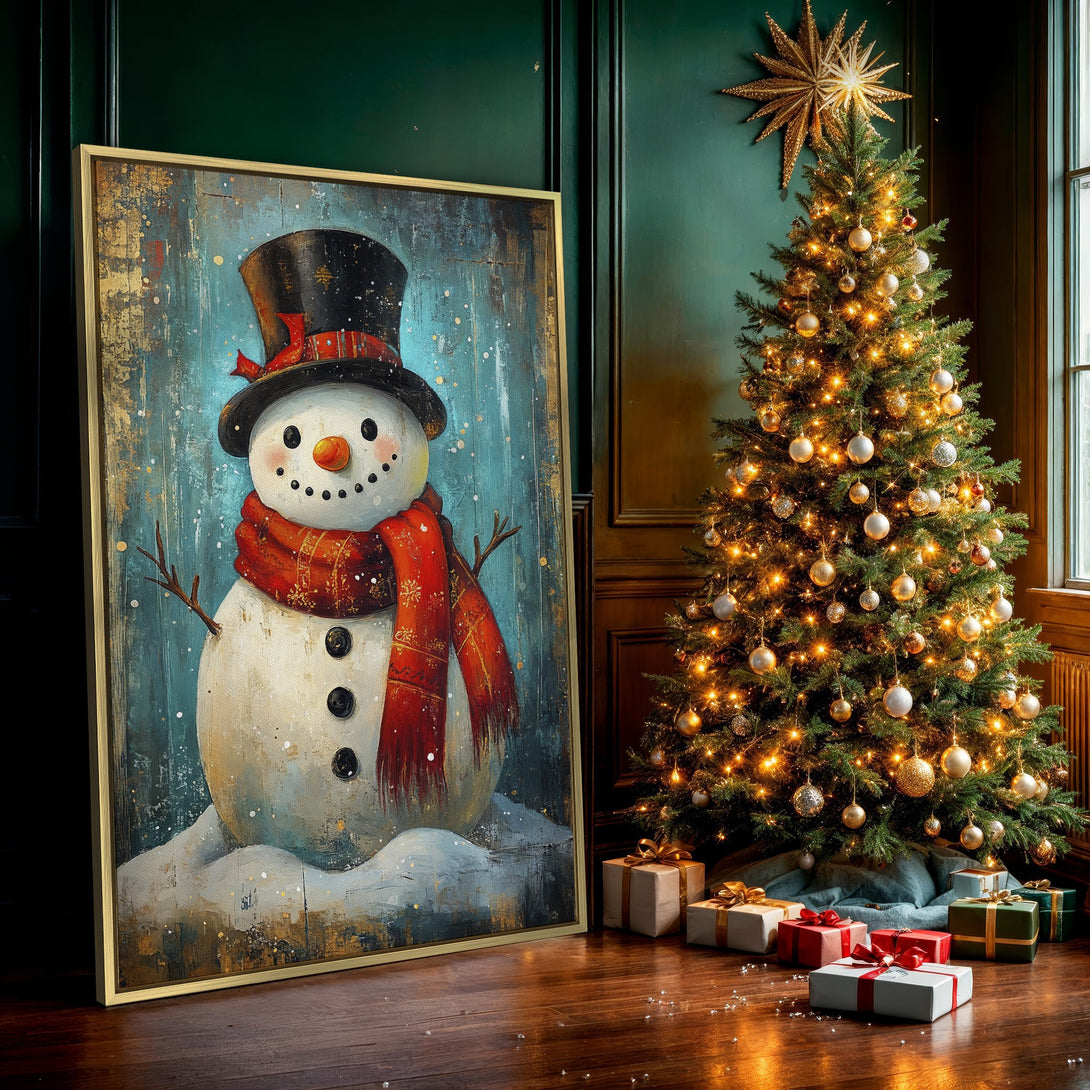 Canvas Print of a whimsical snowman painting with a red scarf, set against a teal and gold background. Festive winter wall art.