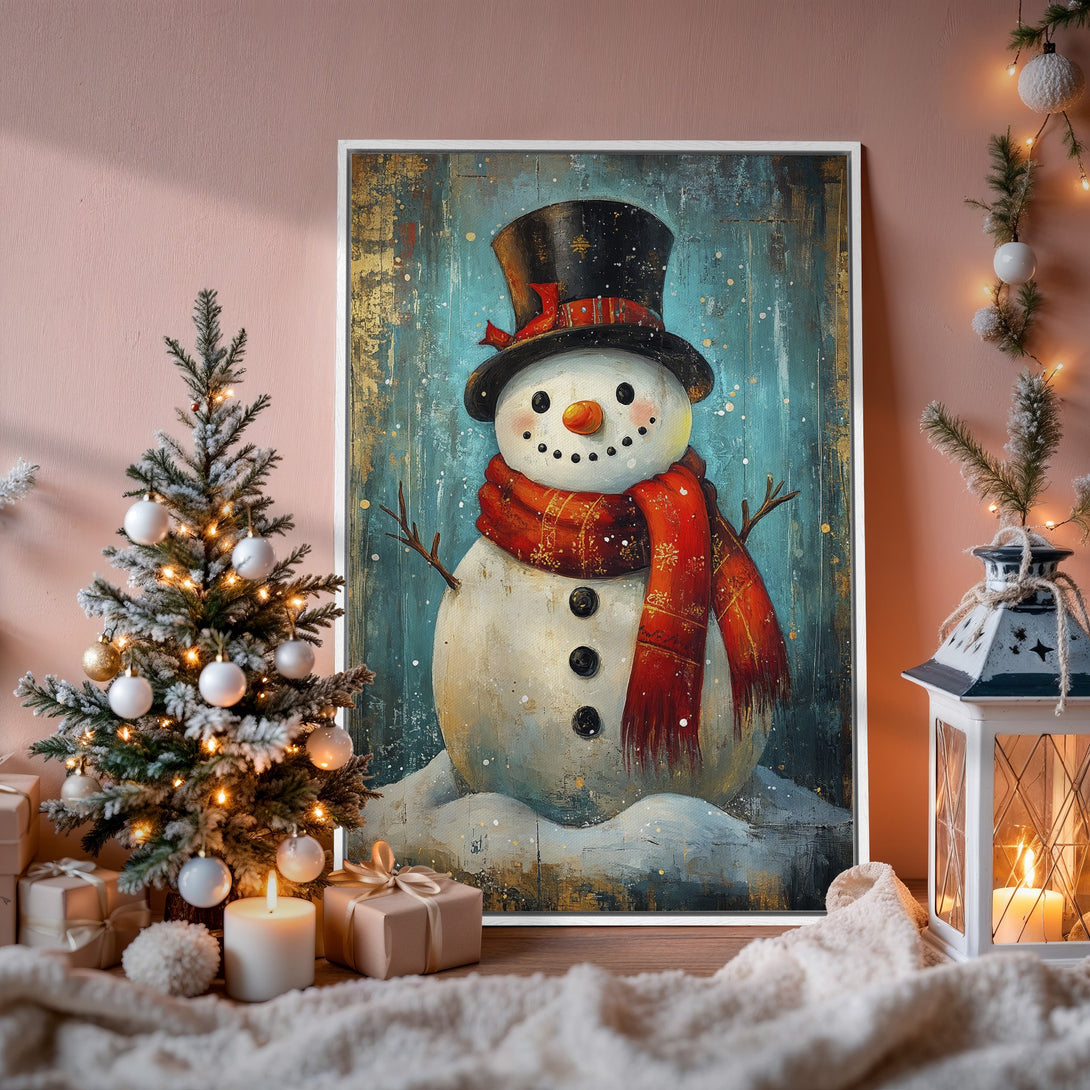 Framed Wall Art: Whimsical snowman painting in a cozy Christmas scene. Features a blue, red, and gold color palette, perfect for festive home decor.
